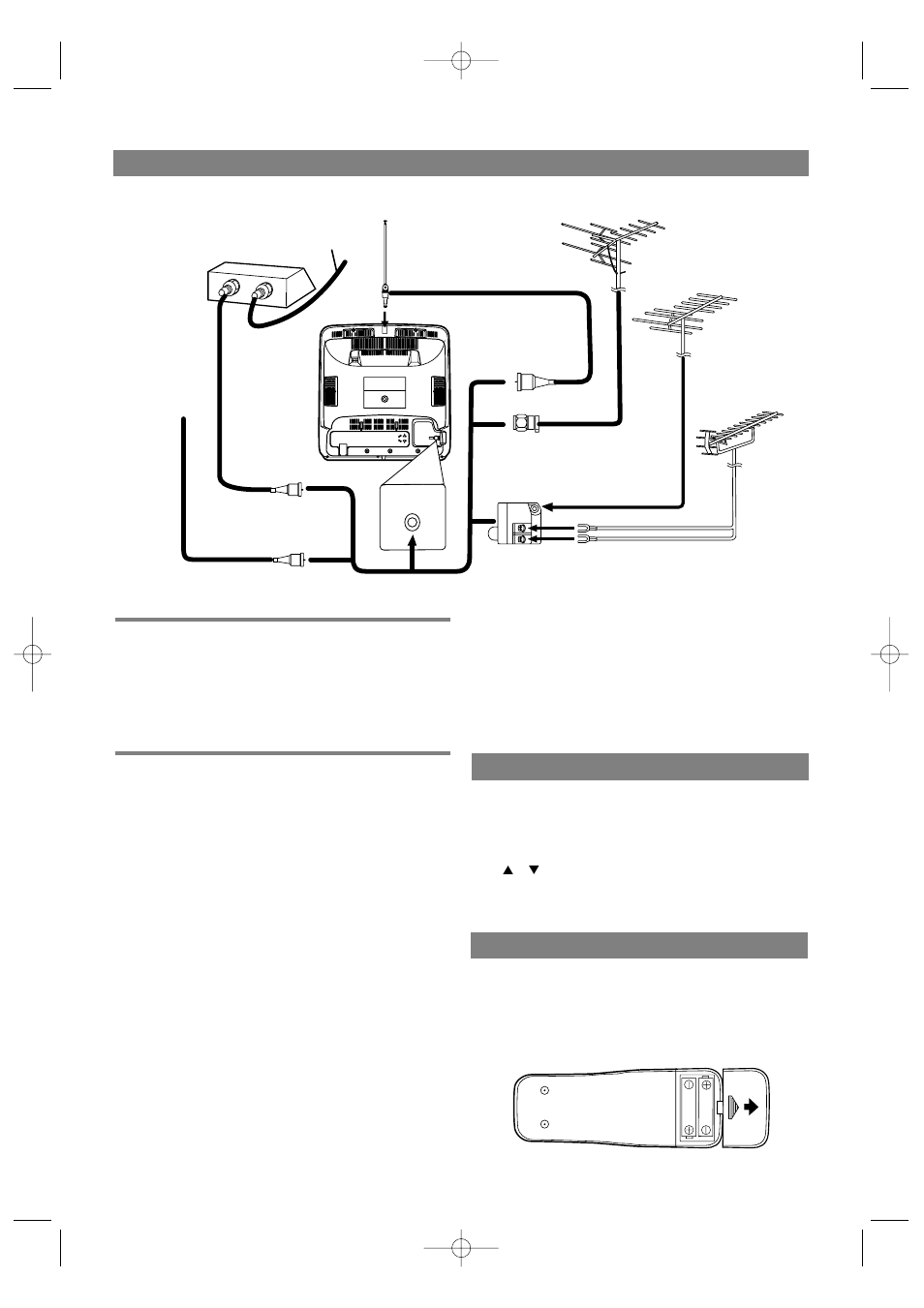 Conexiones de antena/cable, Modo de entrada externa, Instalación de las pilas | Antena combinada de vhf/uhf, Antenas separadas de vhf/uhf | White-Westinghouse WTV11321B User Manual | Page 30 / 32