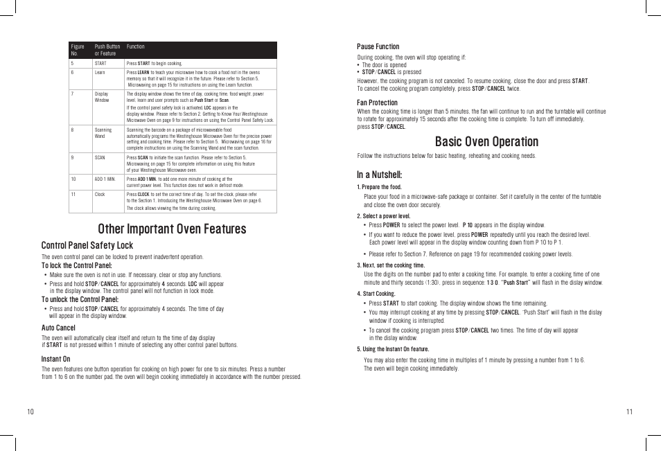 Other important oven features, Basic oven operation, Control panel safety lock | White-Westinghouse WST3506SB User Manual | Page 11 / 36