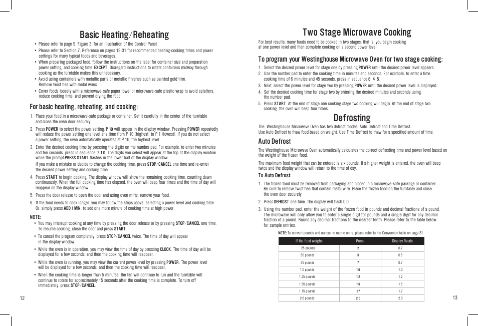 Two stage microwave cooking, Basic heating/reheating, Defrosting | Auto defrost, For basic heating, reheating, and cooking | White-Westinghouse WST3506SB User Manual | Page 12 / 36