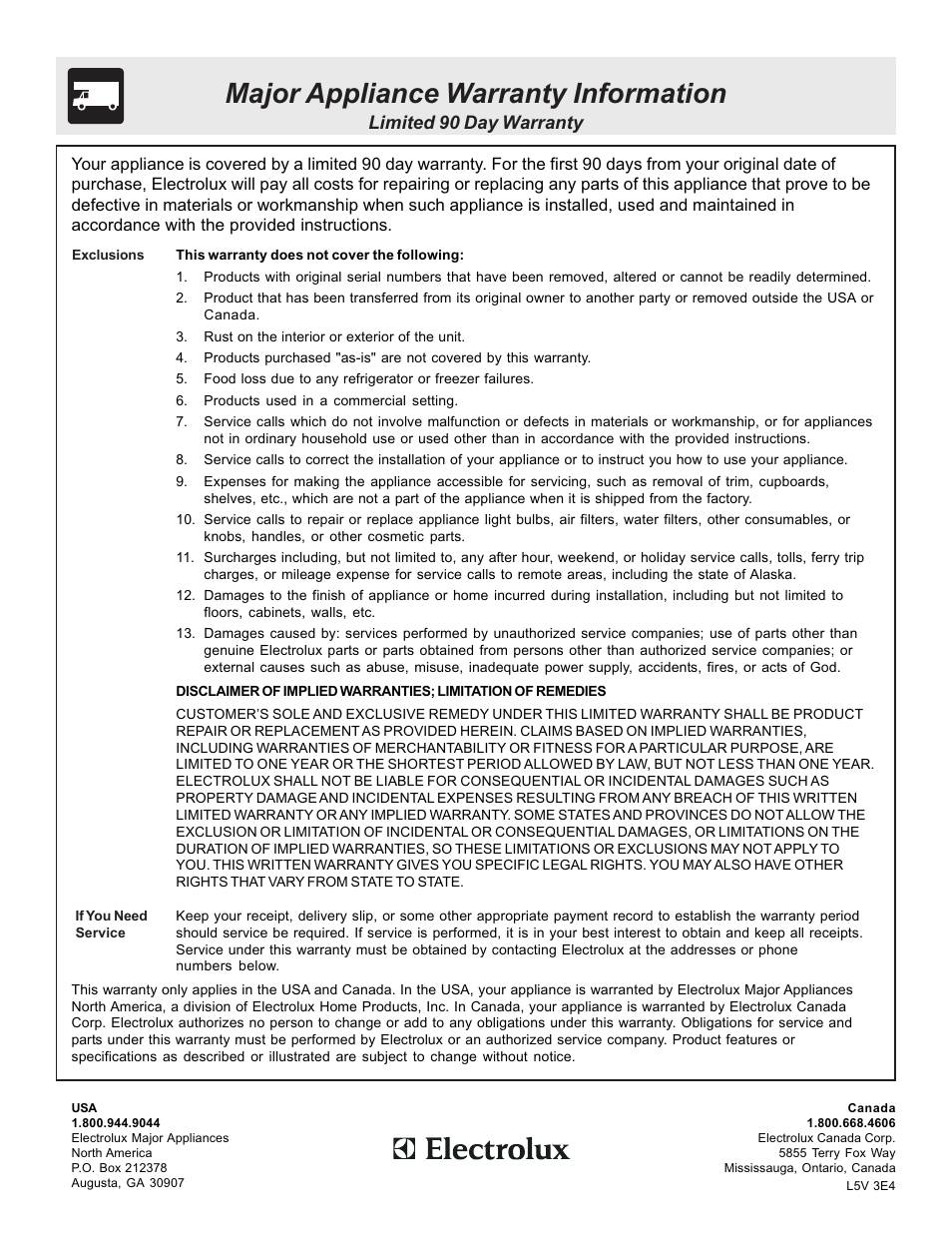 Major appliance warranty information, Limited 90 day warranty | White-Westinghouse 316257134 (0809) User Manual | Page 12 / 12