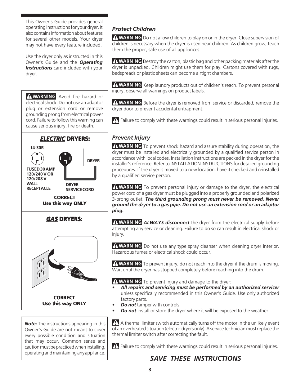 Save these instructions | White-Westinghouse DRYER User Manual | Page 3 / 7