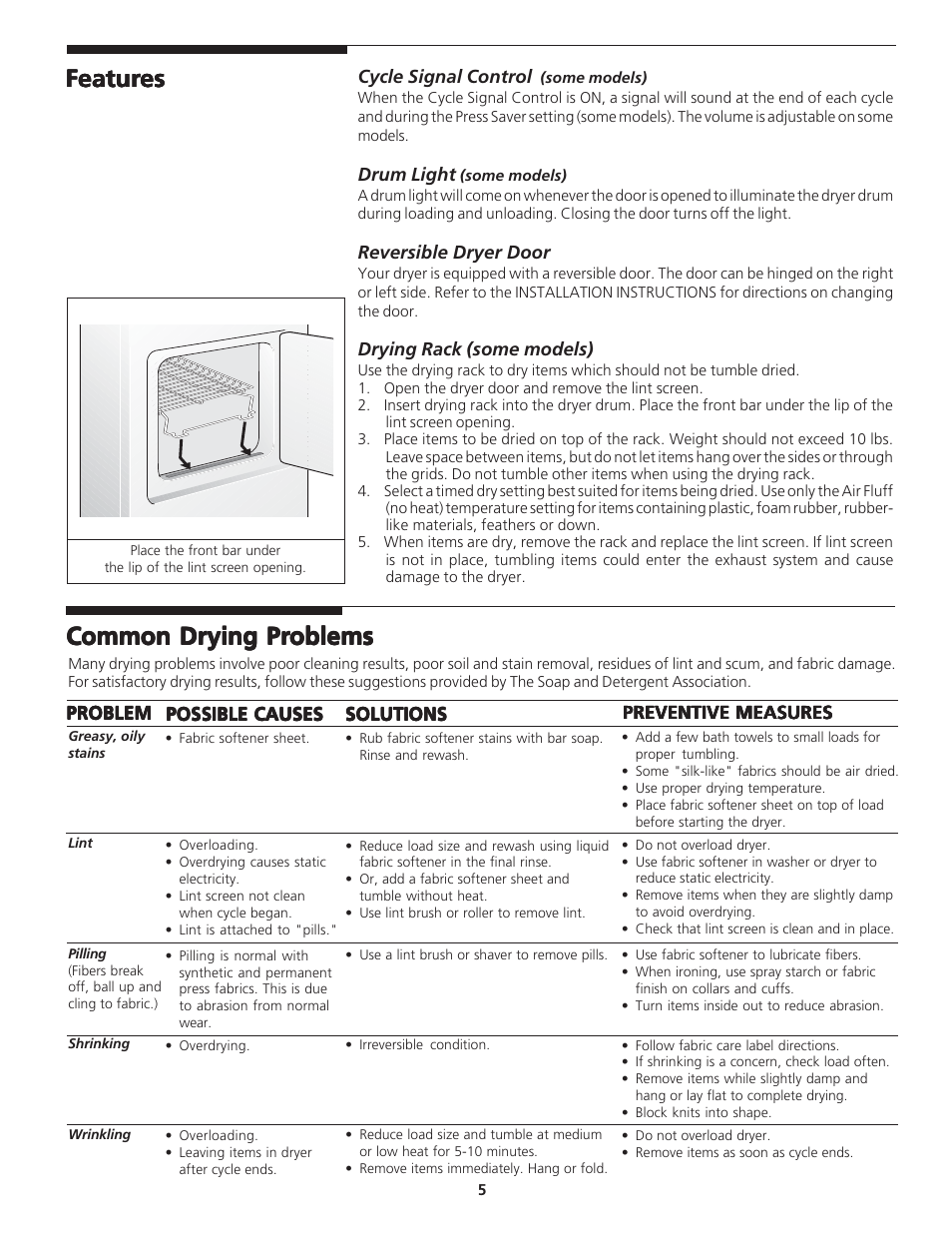 Featur, Featur features es es es es, Common dr | White-Westinghouse DRYER User Manual | Page 5 / 7
