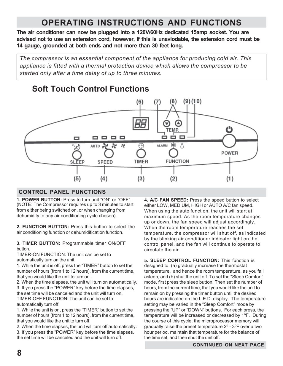 Operating instructions and functions, Soft touch control functions | WindChaser Products PACR12 User Manual | Page 10 / 16