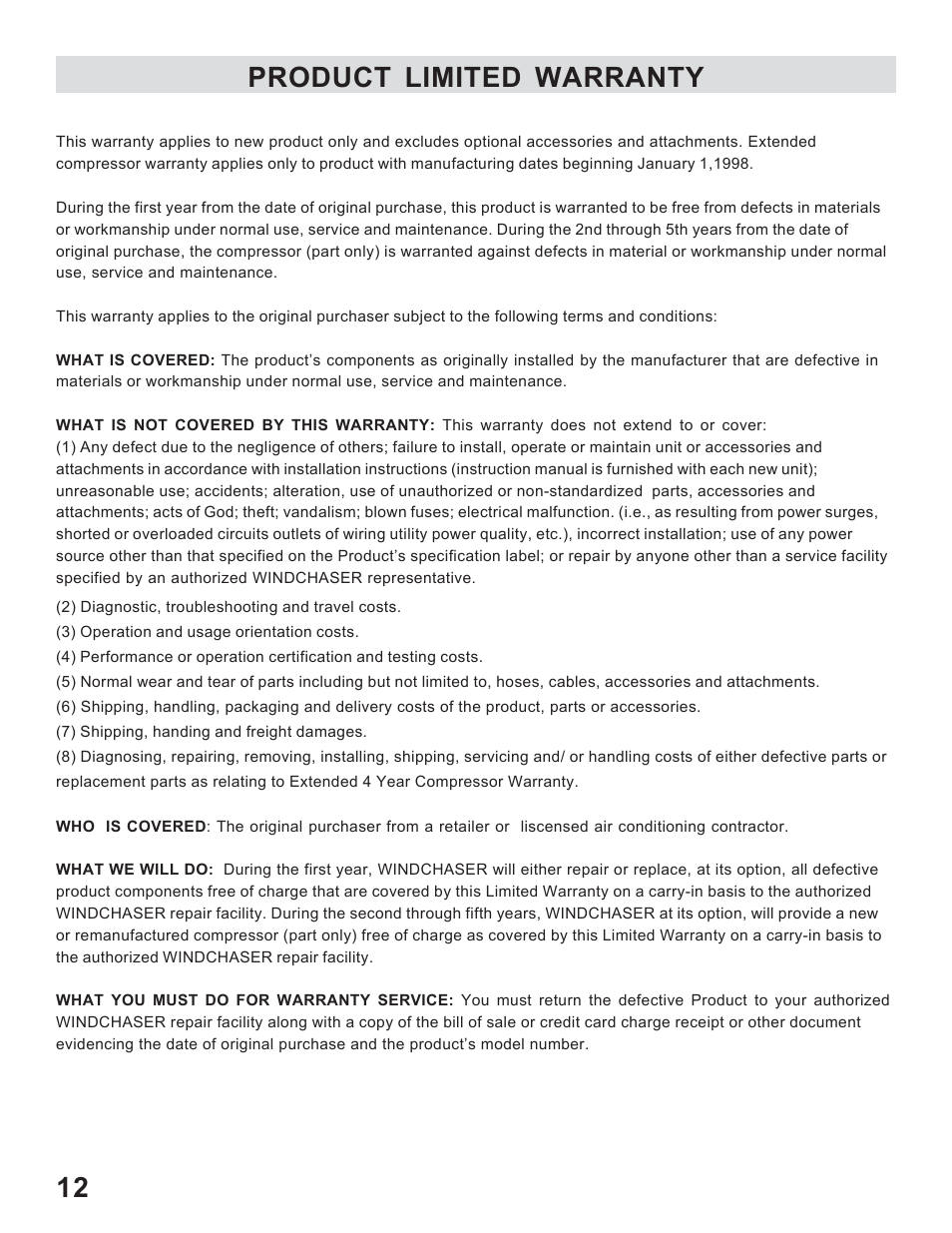 Product limited warranty 12 | WindChaser Products PACR12 User Manual | Page 14 / 16