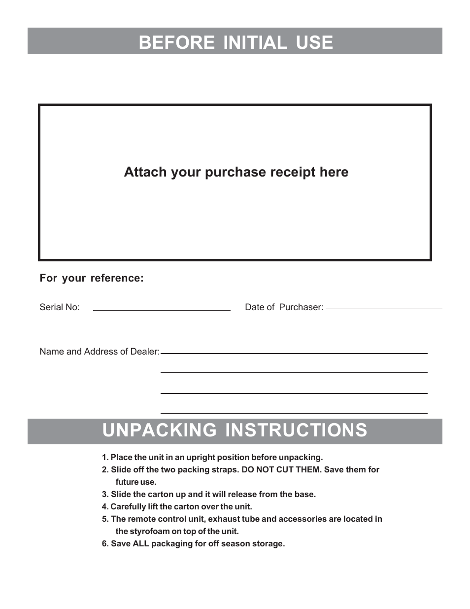 Before initial use, Unpacking instructions, Attach your purchase receipt here | WindChaser Products PACR12 User Manual | Page 2 / 16