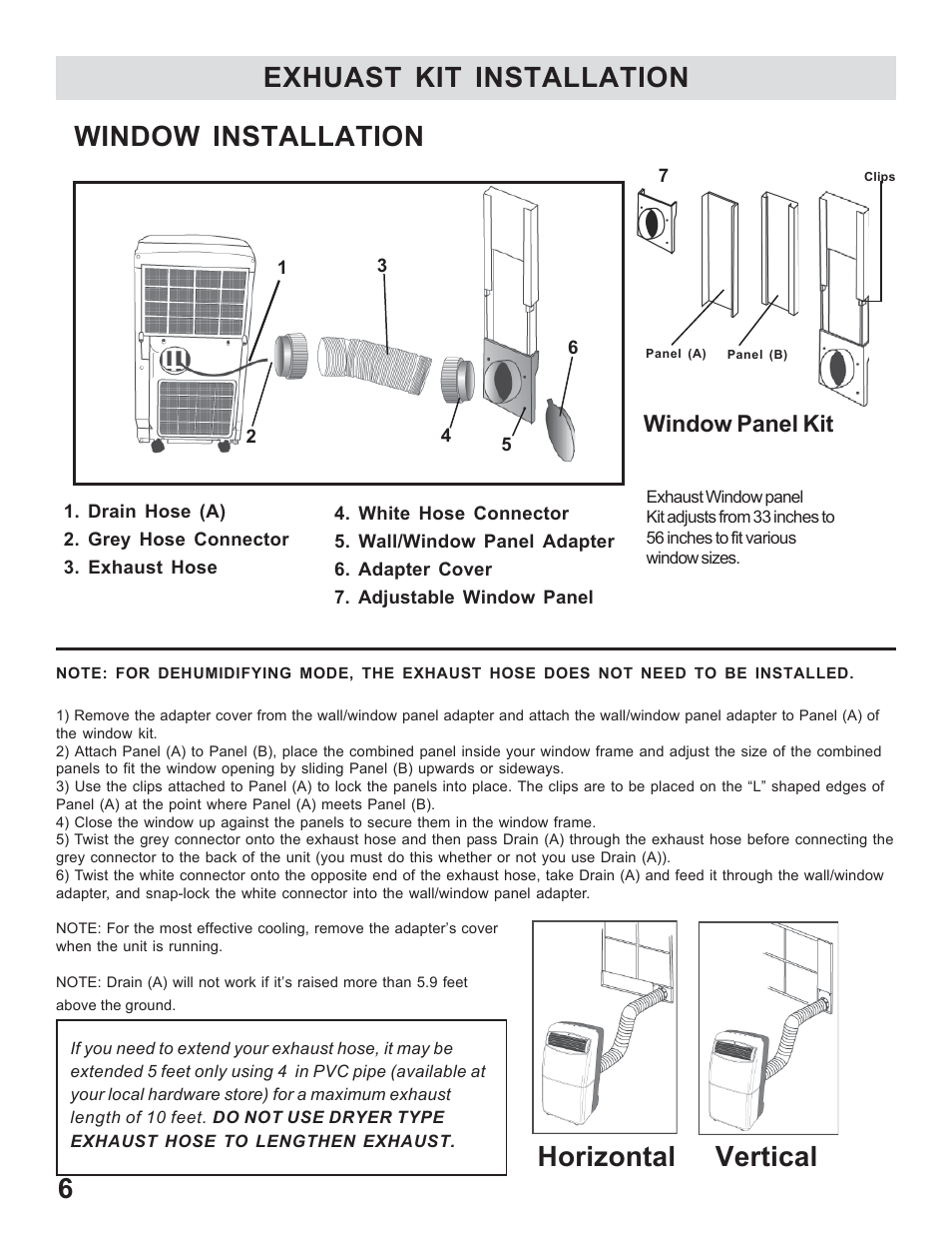 Horizontal vertical, Exhuast kit installation window installation, Window panel kit | WindChaser Products PACR12 User Manual | Page 8 / 16