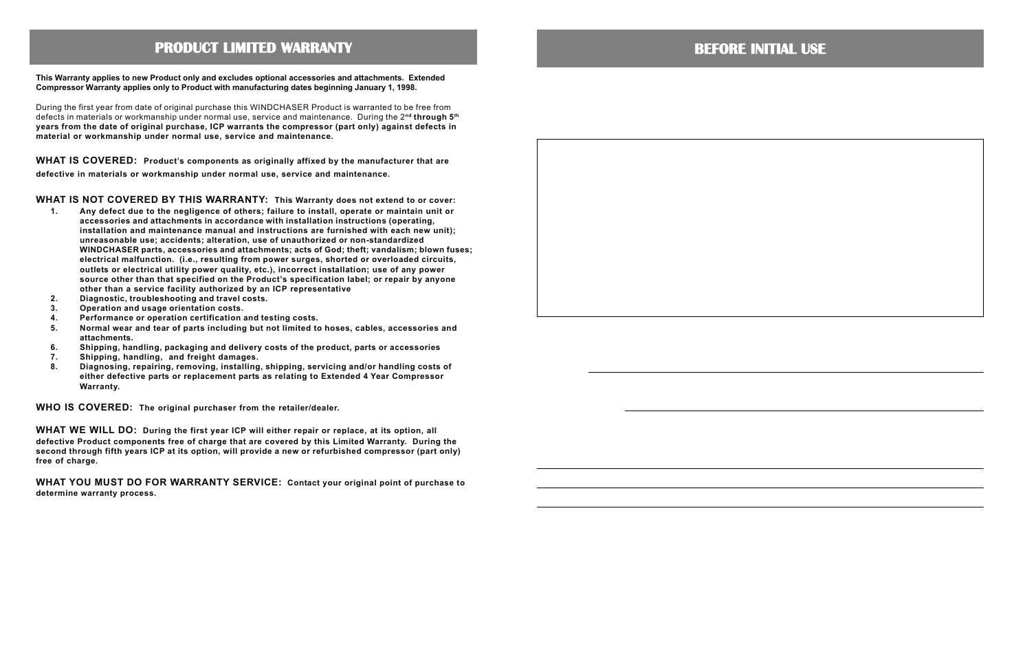 Before initial use, Product limited warranty | WindChaser Products PACRWC User Manual | Page 3 / 8