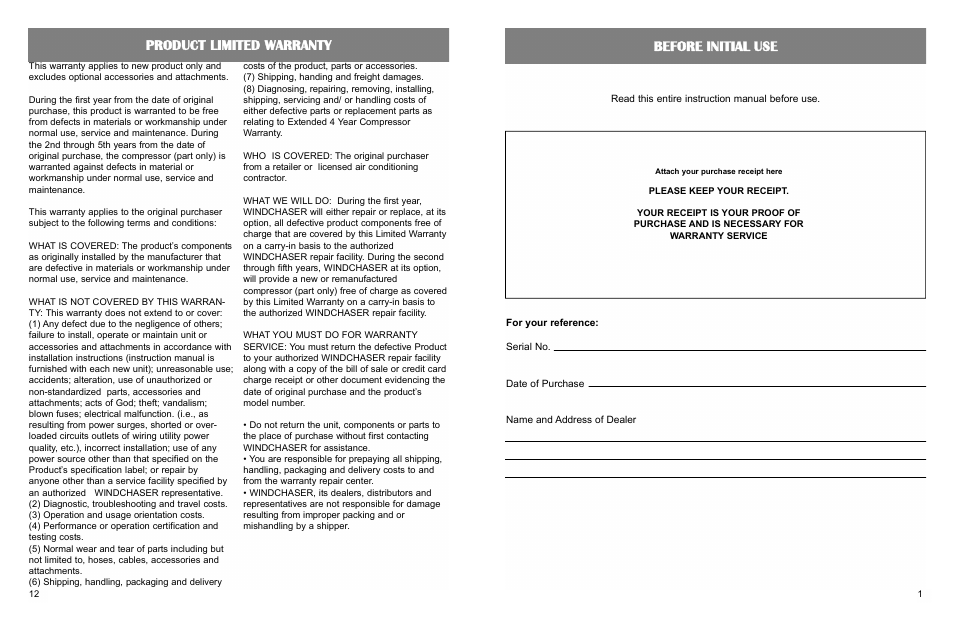 Before initial use, Product limited warranty | WindChaser Products PACRWC-HP User Manual | Page 3 / 8