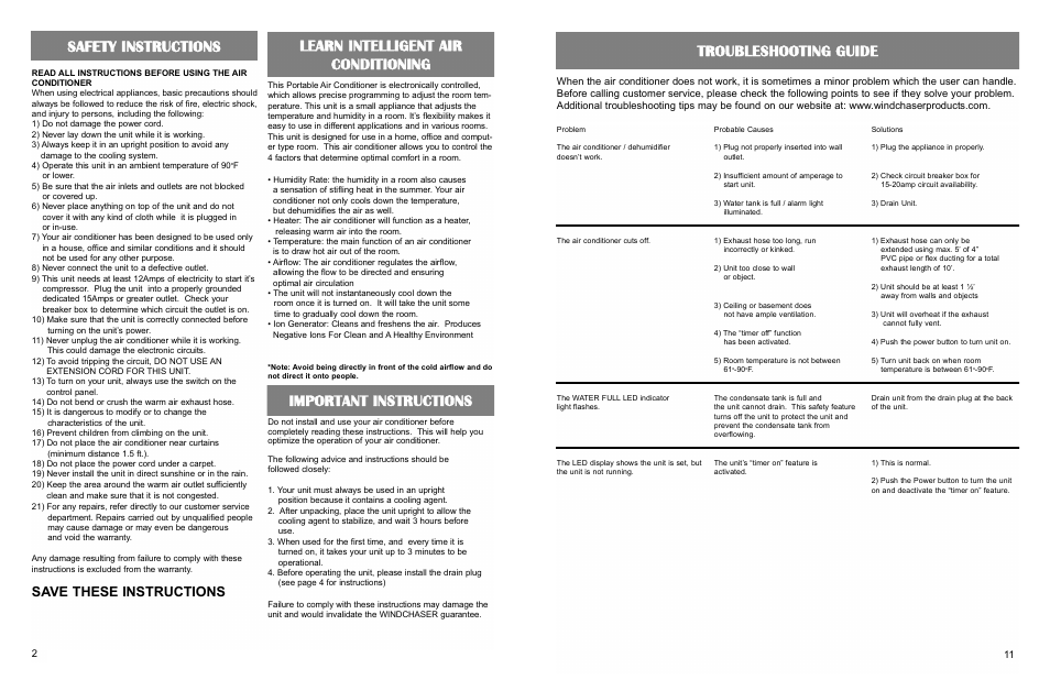 Safety instructions, Troubleshooting guide, Save these instructions | WindChaser Products PACRWC-HP User Manual | Page 4 / 8