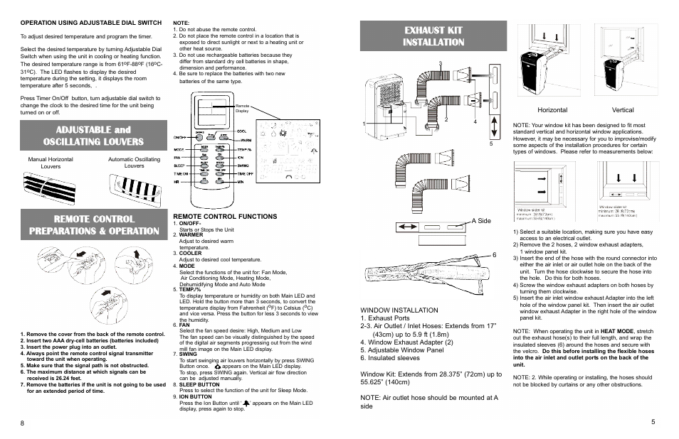 Exhaust kit installation, Adjustable and oscillating louvers, Remote control preparations & operation | WindChaser Products PACRWC-HP User Manual | Page 7 / 8
