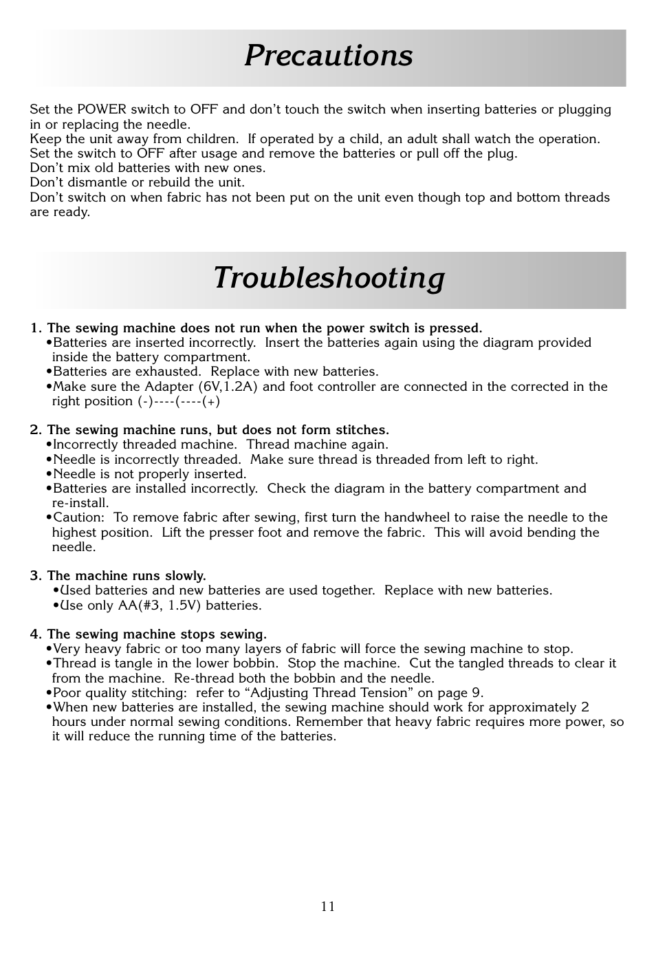 Precautions, Troubleshooting | White SEW E-Z W338 User Manual | Page 11 / 12