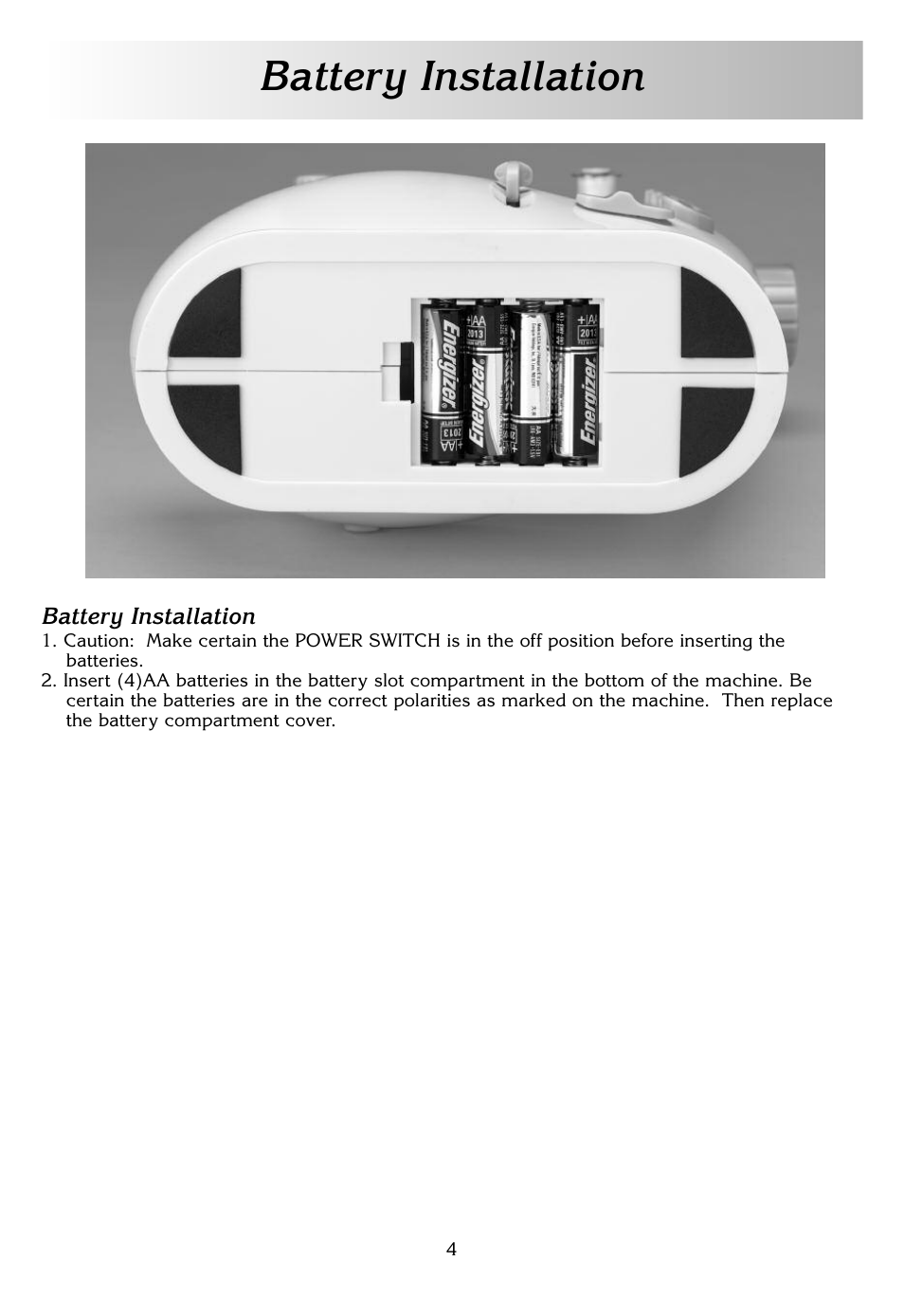 Battery installation | White SEW E-Z W338 User Manual | Page 4 / 12