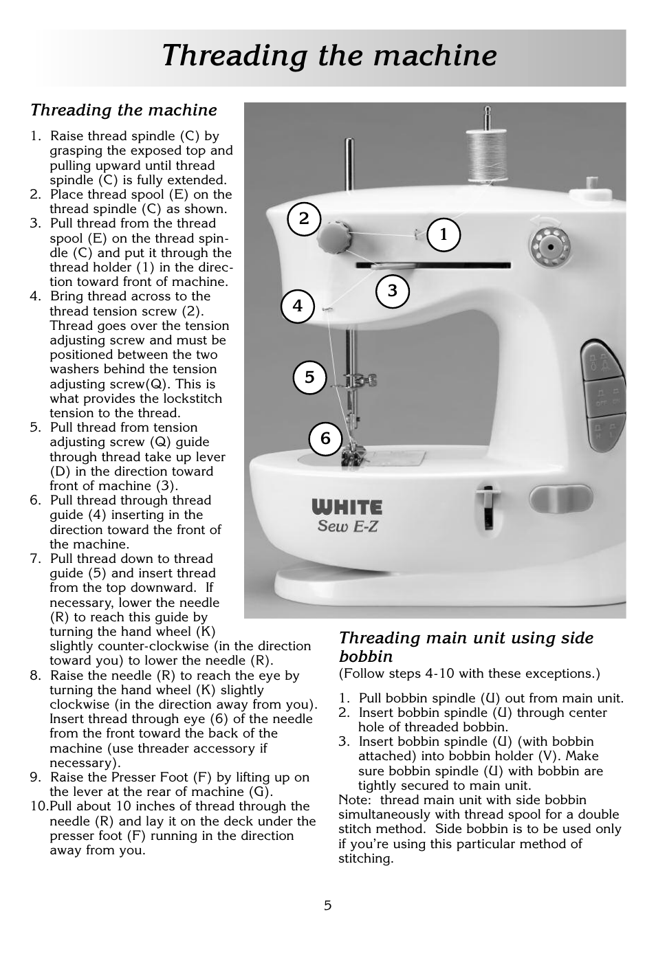 Threading the machine | White SEW E-Z W338 User Manual | Page 5 / 12