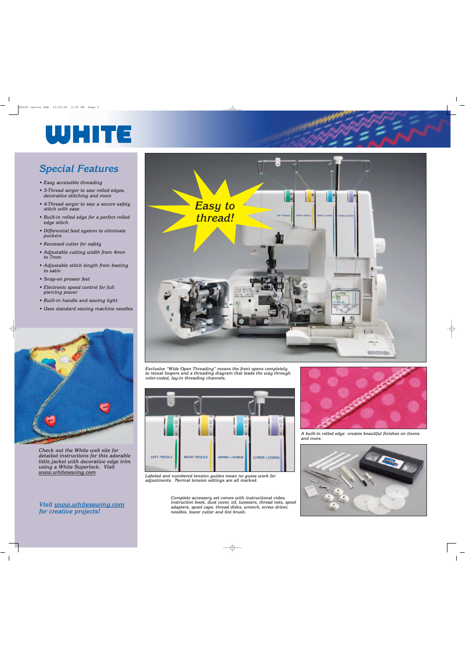 Easy to thread, Special features | White W2500 User Manual | Page 2 / 3