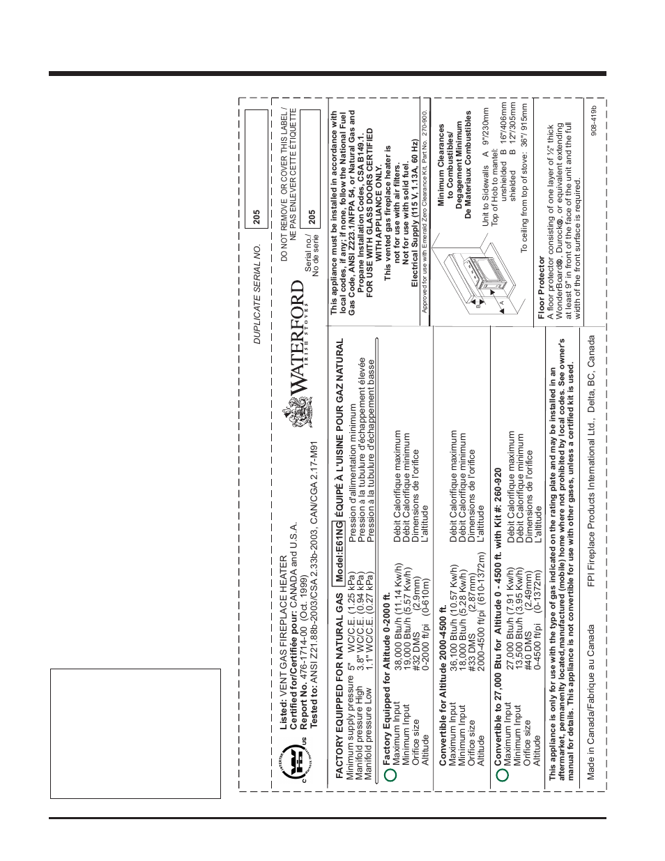 Safety label | Waterford Appliances NATURAL GAS E61-LP User Manual | Page 4 / 24