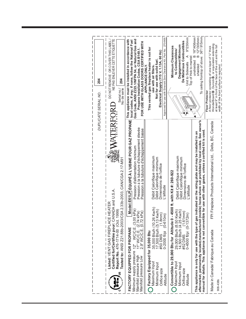 Safety label | Waterford Appliances NATURAL GAS E61-LP User Manual | Page 5 / 24