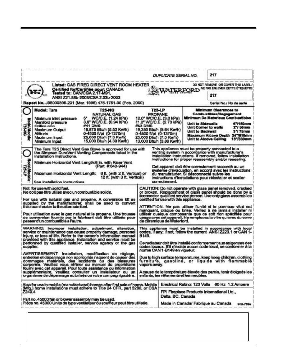 Safety label | Waterford Appliances T25-LP User Manual | Page 4 / 36