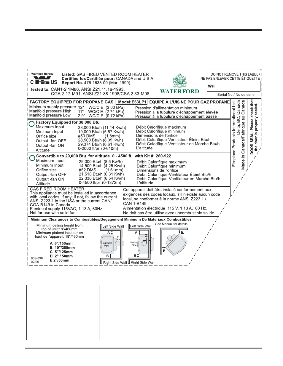 Safety label | Waterford Appliances EMERALD E63-NG1 User Manual | Page 5 / 24