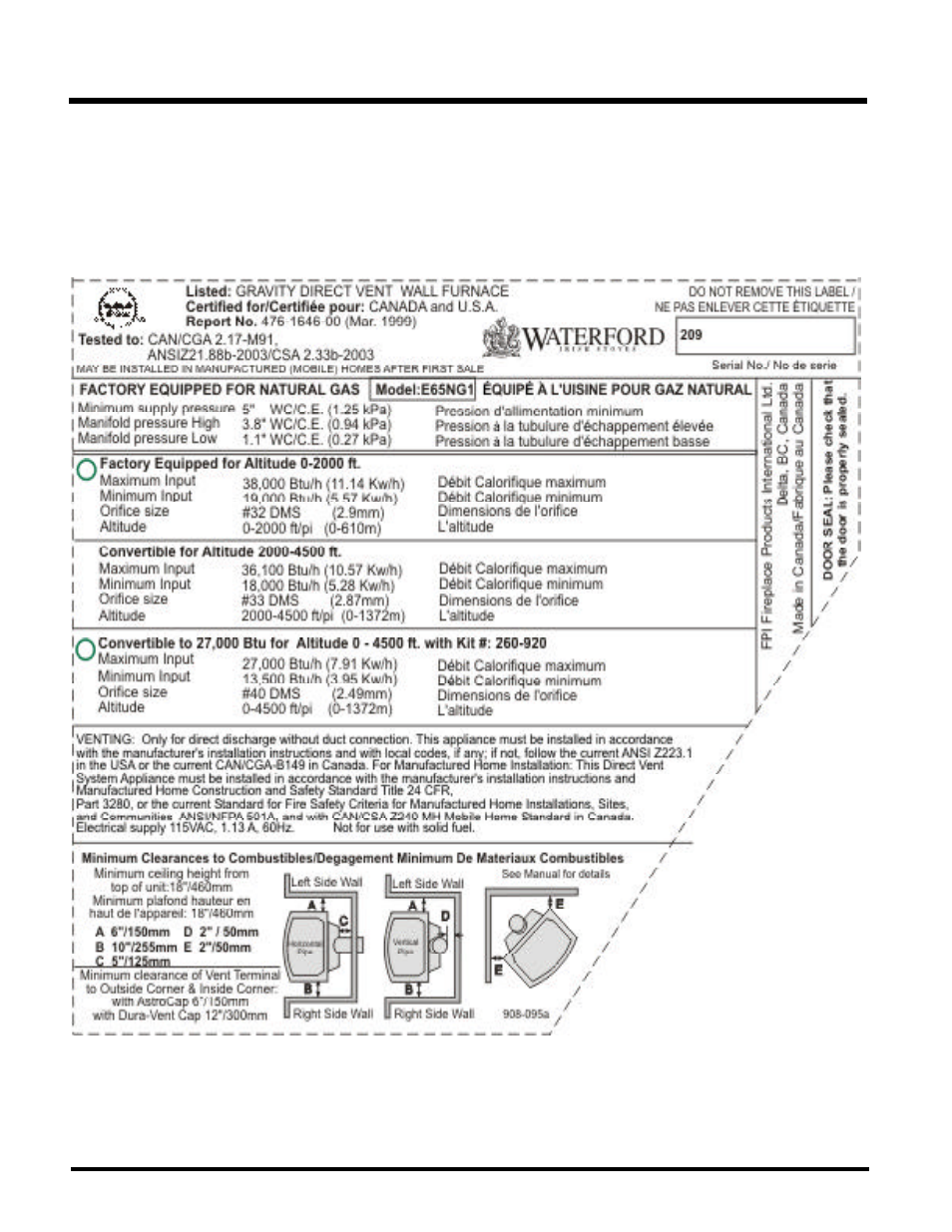 Safety label | Waterford Appliances E65-NG1 User Manual | Page 4 / 40