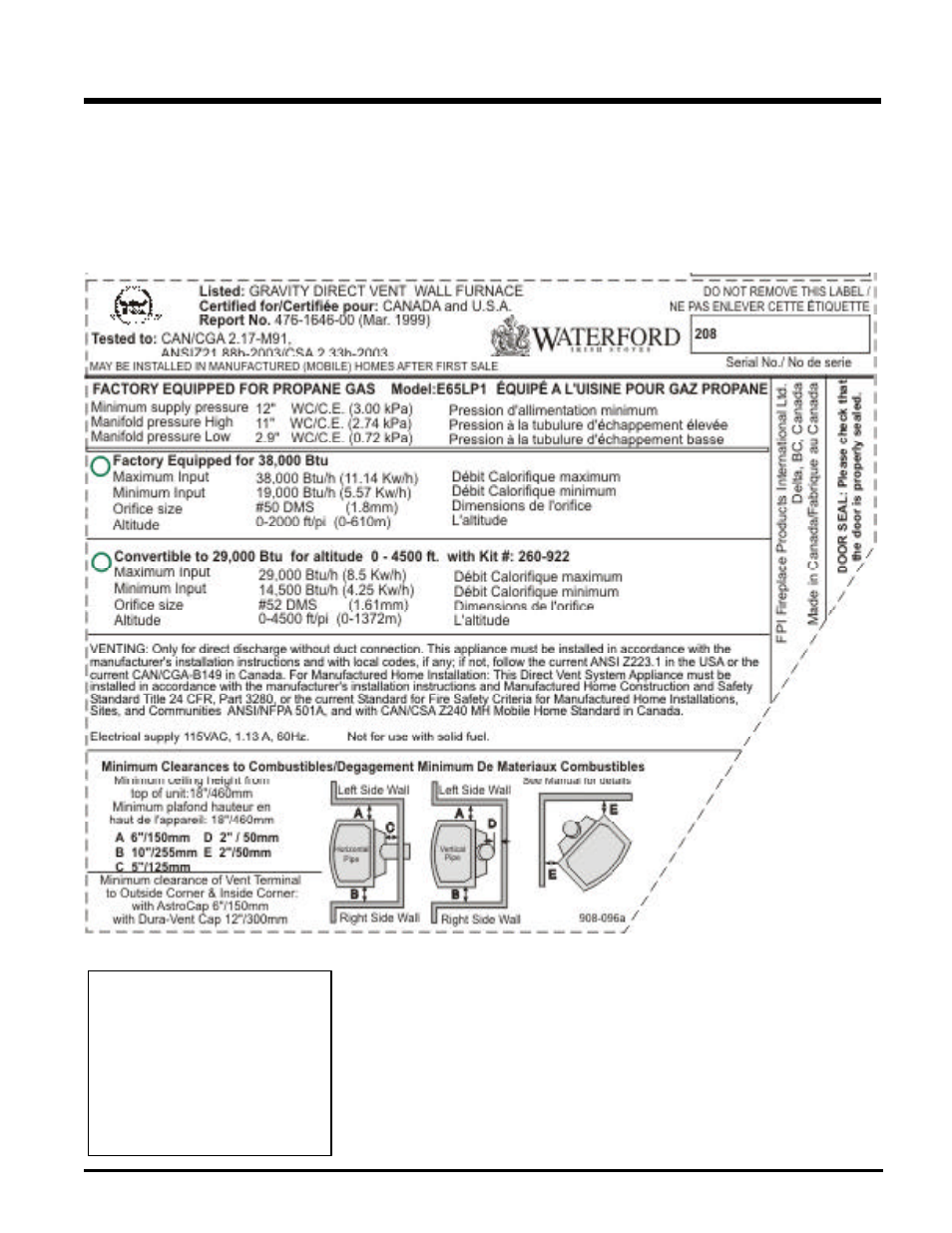 Safety label | Waterford Appliances E65-NG1 User Manual | Page 5 / 40