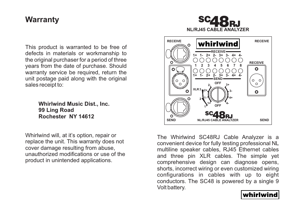 Whirlwind Cable Analyzer SC48RJ User Manual | 2 pages