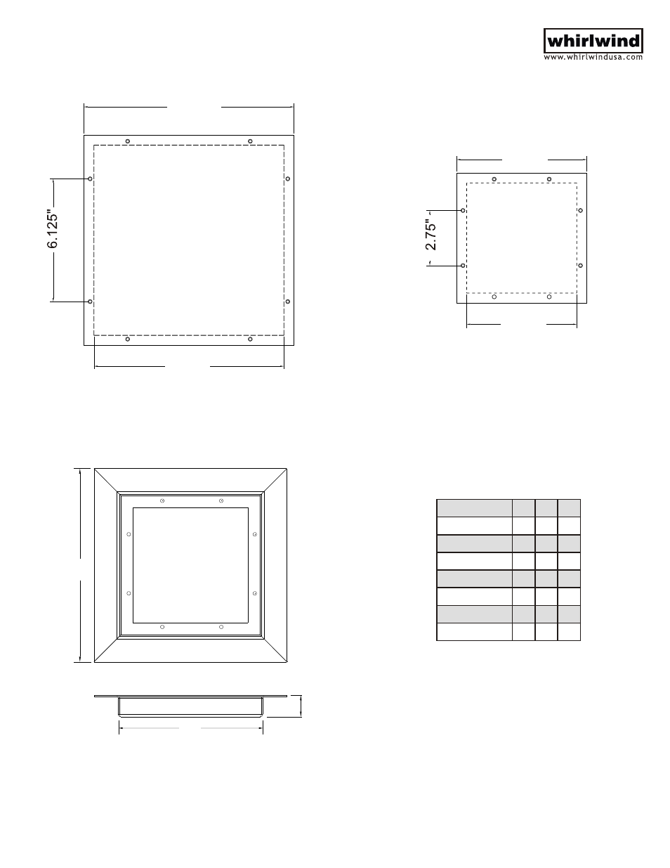 Connector insert plates, Wall frame dimensions, Wfi8x8b | Made in usa | Whirlwind Patent-Pending Recessed Wall Frames User Manual | Page 2 / 2