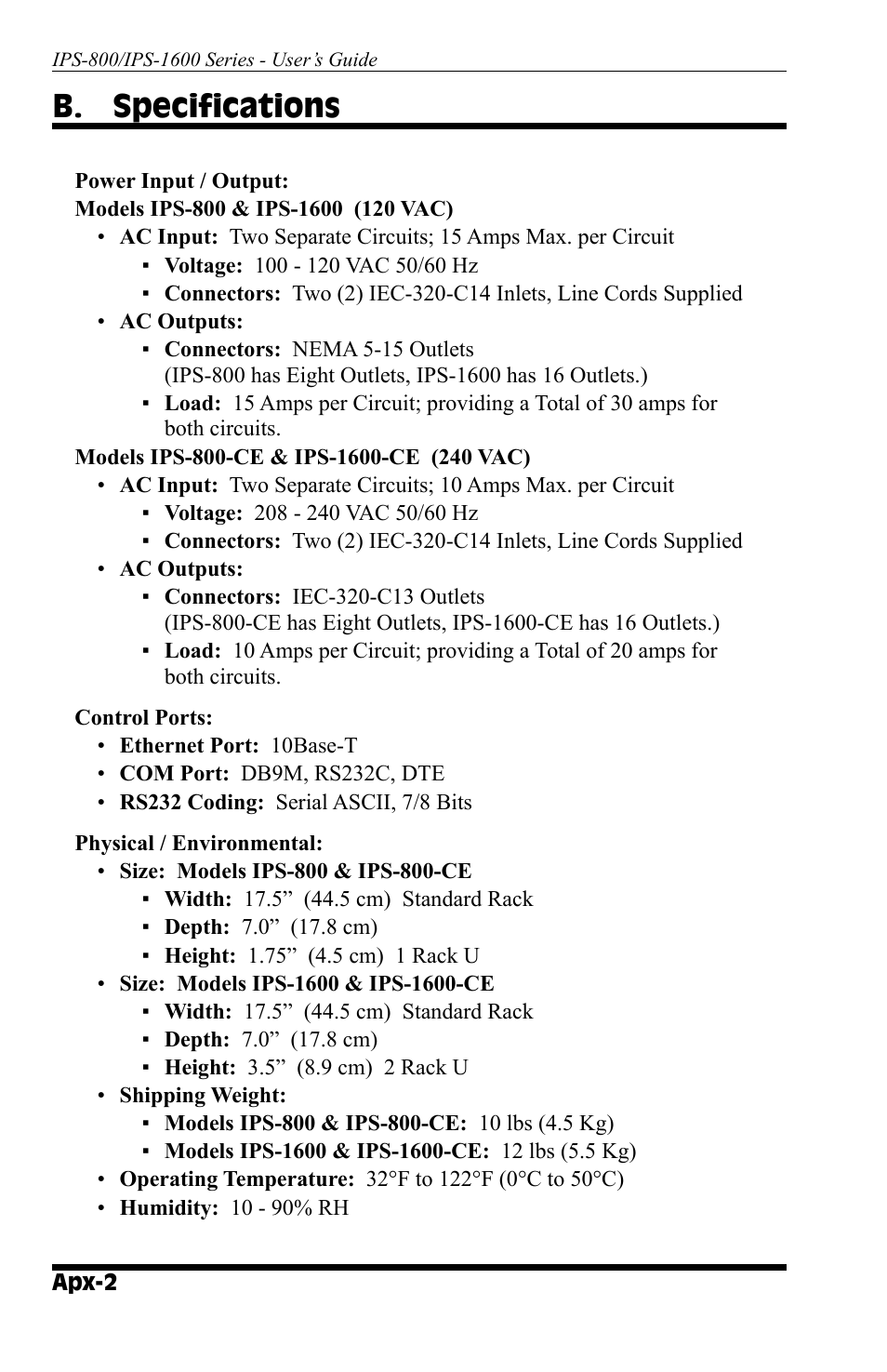 B. specifications | Western Telematic IPS-800 User Manual | Page 52 / 60