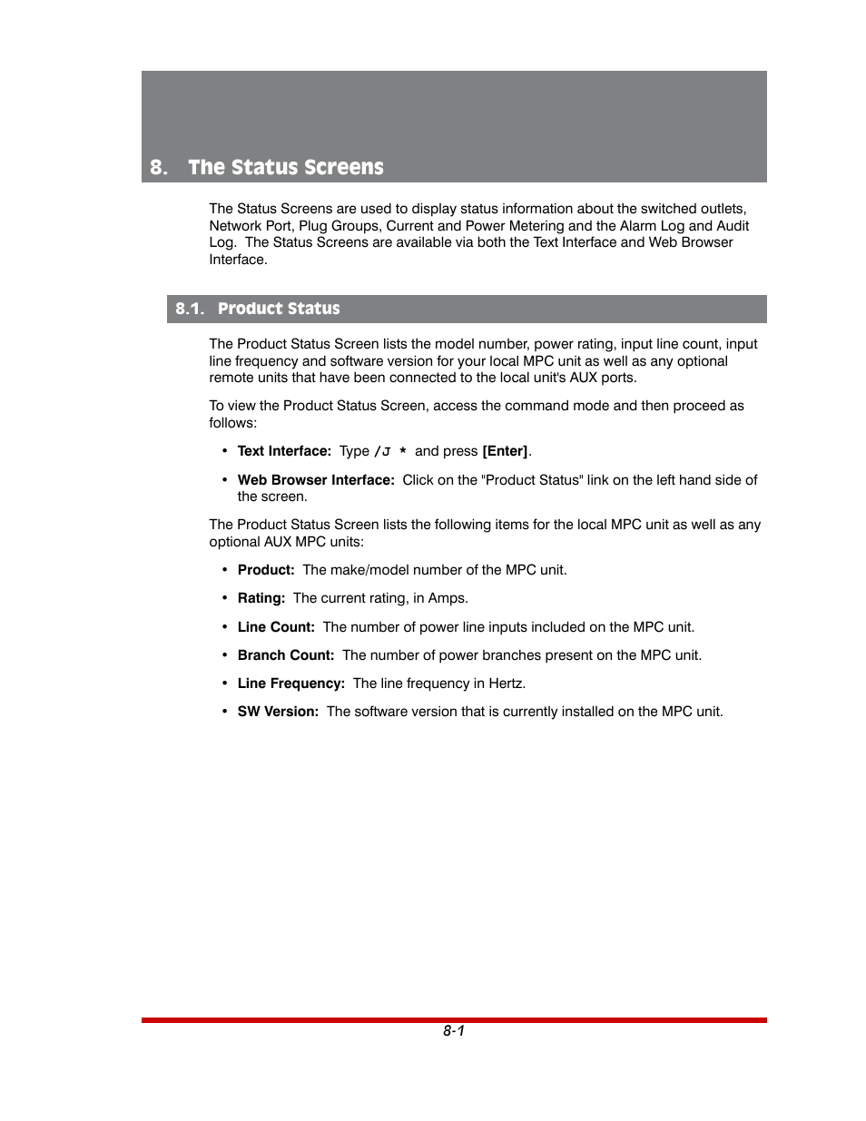 The status screens -1, Product status -1, The status screens | Western Telematic MPC-20VS16-3 User Manual | Page 139 / 216