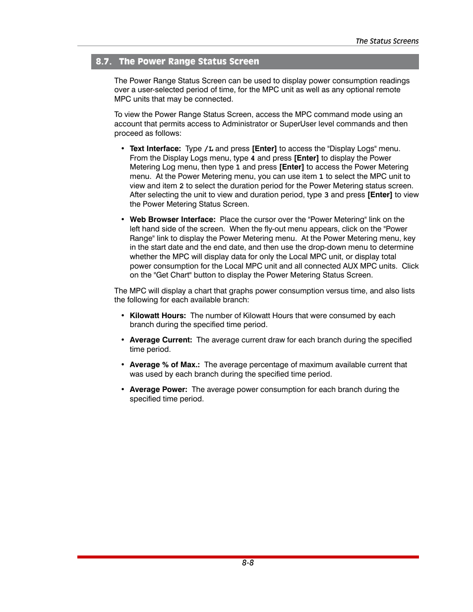 The power range status screen -8 | Western Telematic MPC-20VS16-3 User Manual | Page 146 / 216