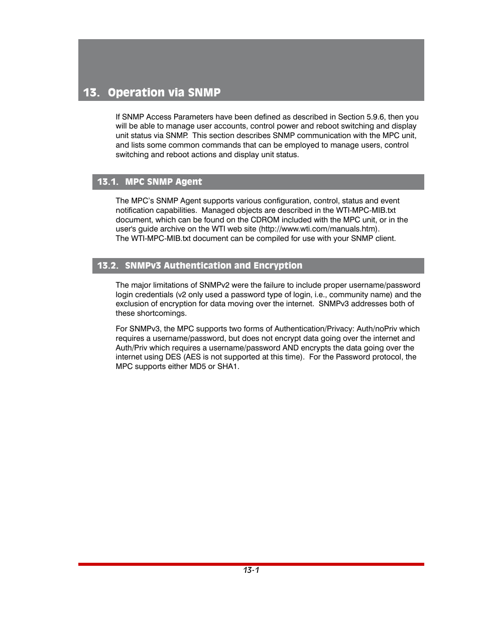 Operation via snmp -1, Mpc snmp agent -1, Snmpv3 authentication and encryption -1 | Operation via snmp | Western Telematic MPC-20VS16-3 User Manual | Page 165 / 216