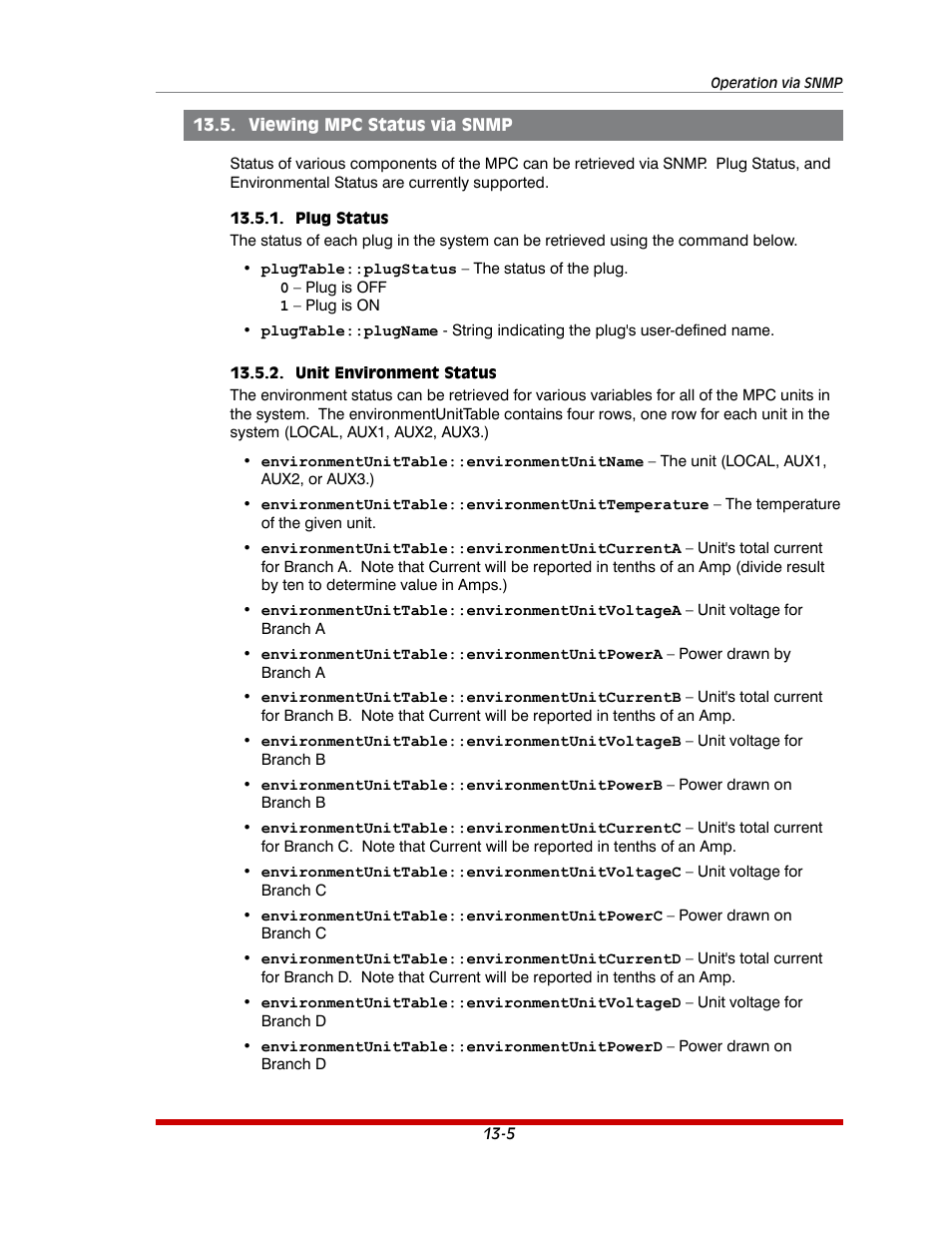 Viewing mpc status via snmp -5, Plug status -5, Unit environment status -5 | Western Telematic MPC-20VS16-3 User Manual | Page 169 / 216