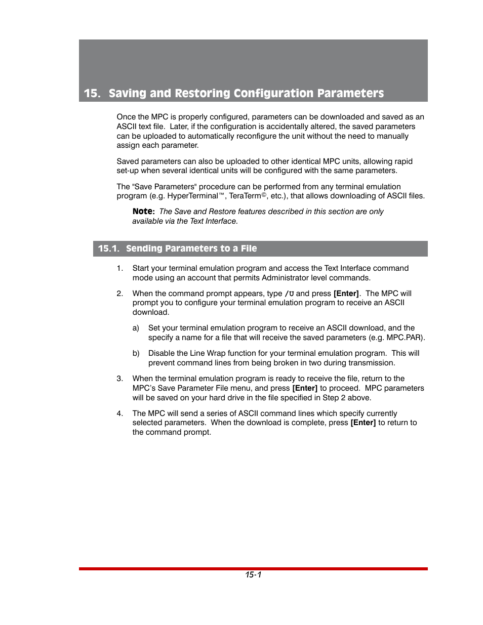 Saving and restoring configuration parameters -1, Sending parameters to a file -1, Saving and restoring configuration parameters | Western Telematic MPC-20VS16-3 User Manual | Page 175 / 216