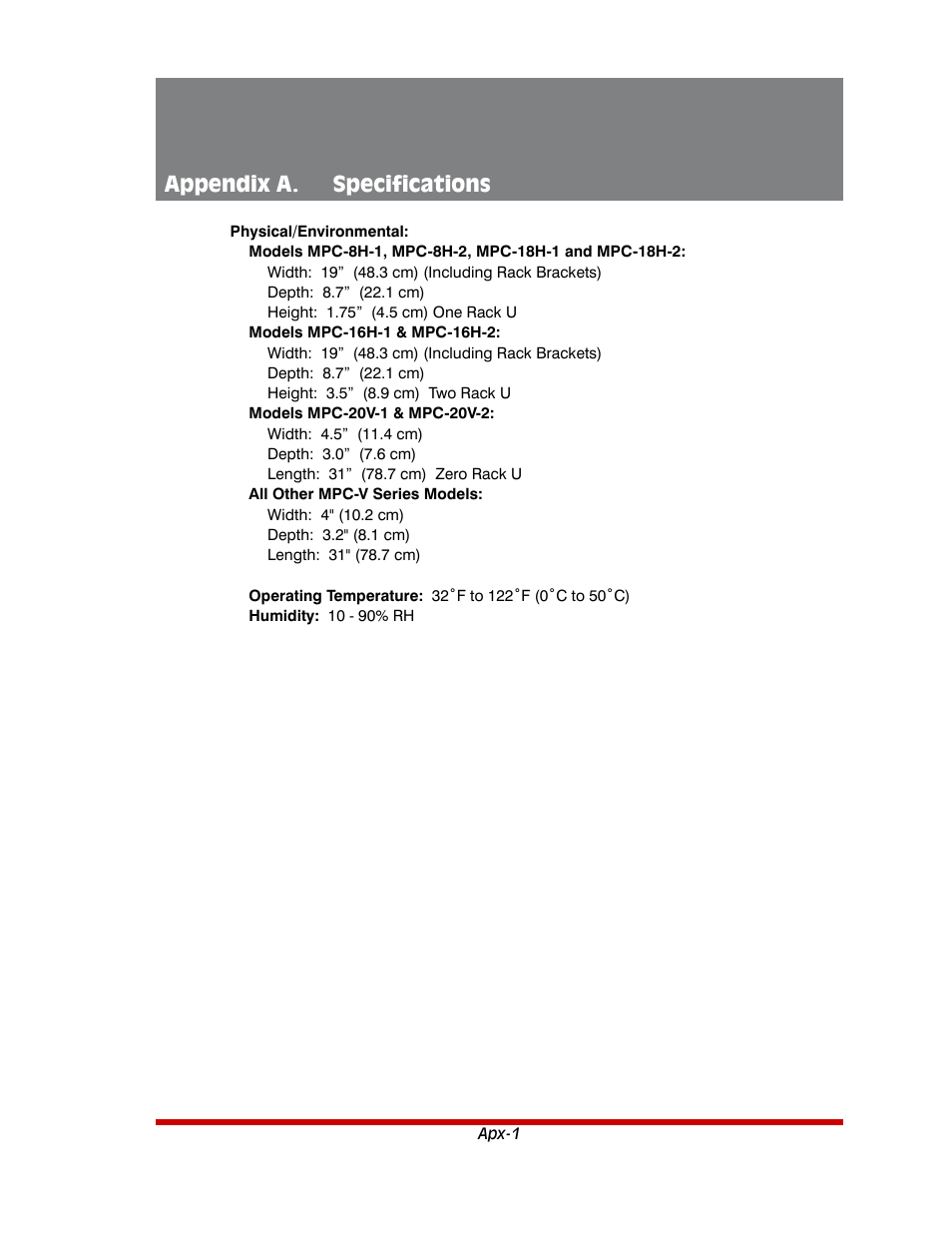 Appendix a. specifications | Western Telematic MPC-20VS16-3 User Manual | Page 192 / 216