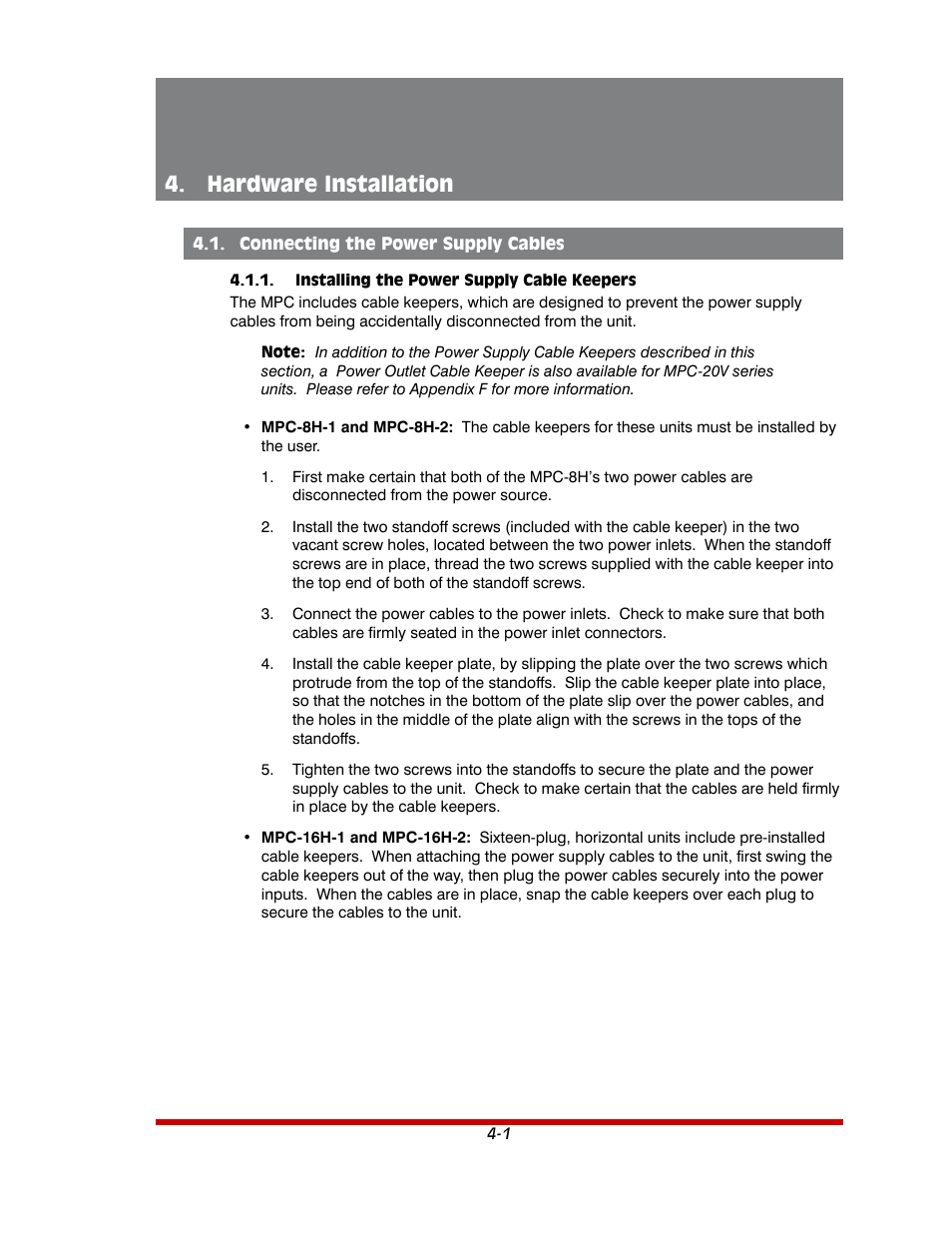 Hardware installation -1, Connecting the power supply cables -1, Installing the power supply cable keepers -1 | Hardware installation | Western Telematic MPC-20VS16-3 User Manual | Page 26 / 216