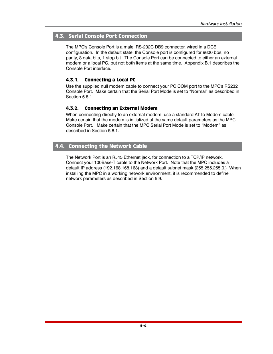 Serial console port connection -4, Connecting a local pc -4, Connecting an external modem -4 | Connecting the network cable -4 | Western Telematic MPC-20VS16-3 User Manual | Page 29 / 216