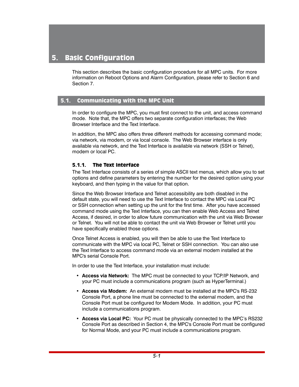 Basic configuration -1, Communicating with the mpc unit -1, The text interface -1 | Basic configuration | Western Telematic MPC-20VS16-3 User Manual | Page 32 / 216