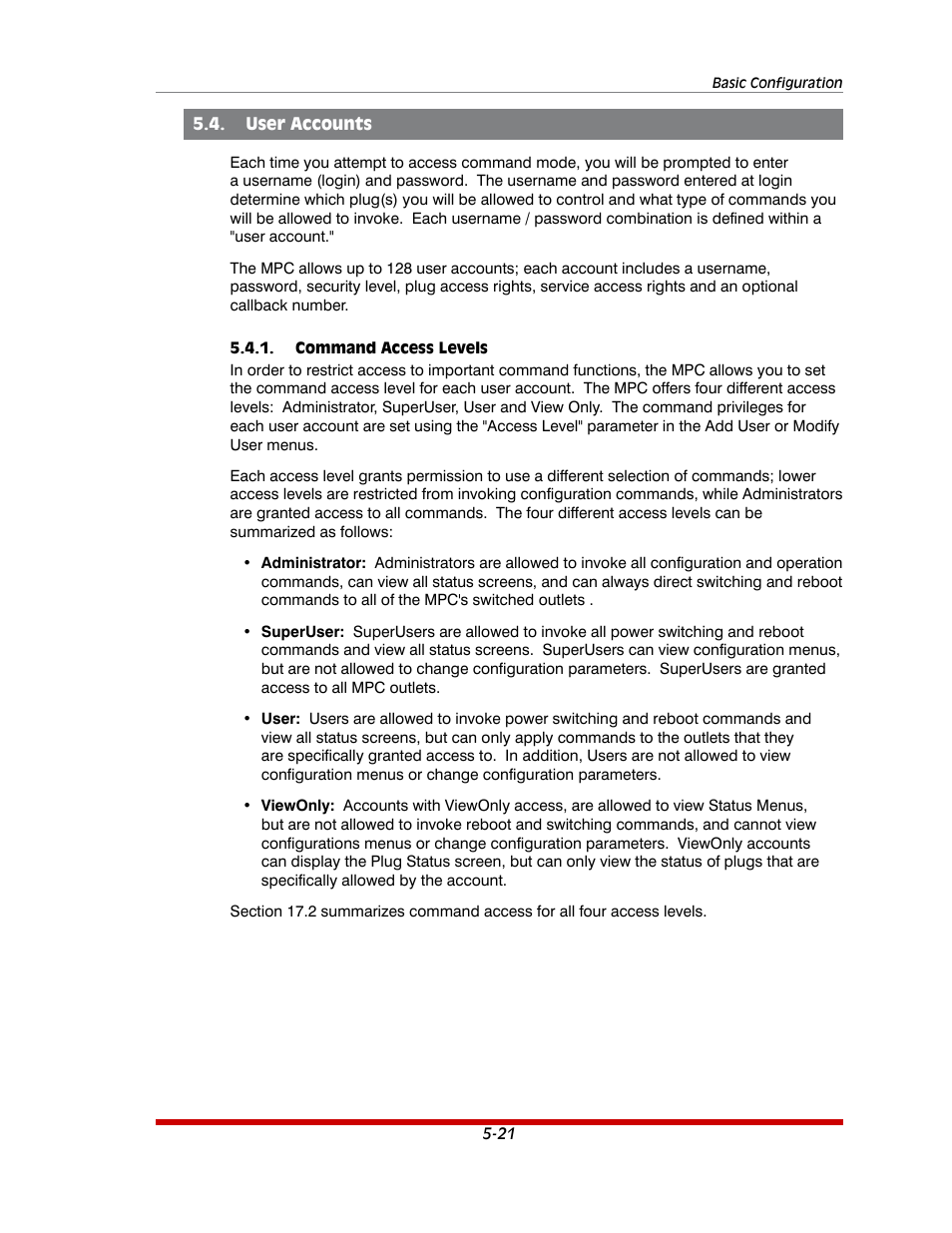 User accounts -21, Command access levels -21 | Western Telematic MPC-20VS16-3 User Manual | Page 52 / 216