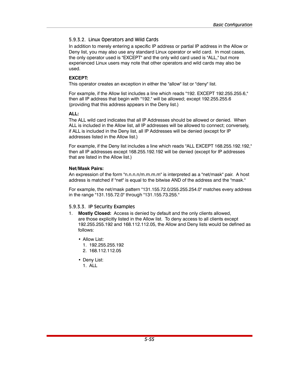 Linux operators and wild cards -55, Ip security examples -55 | Western Telematic MPC-20VS16-3 User Manual | Page 86 / 216