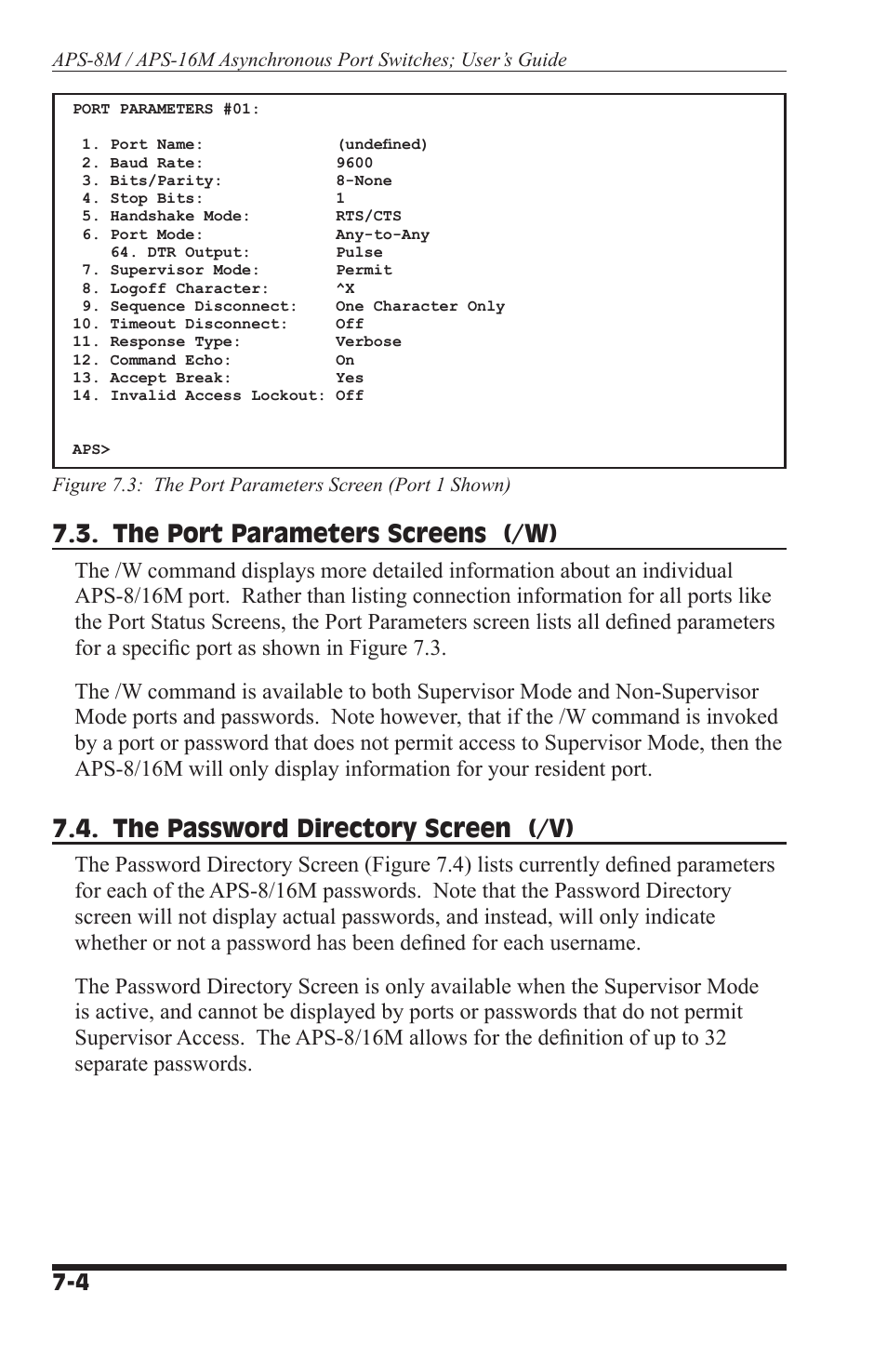 The port parameters screens (/w), The password directory screen (/v) | Western Telematic WTI NetReach APS-16M User Manual | Page 44 / 82