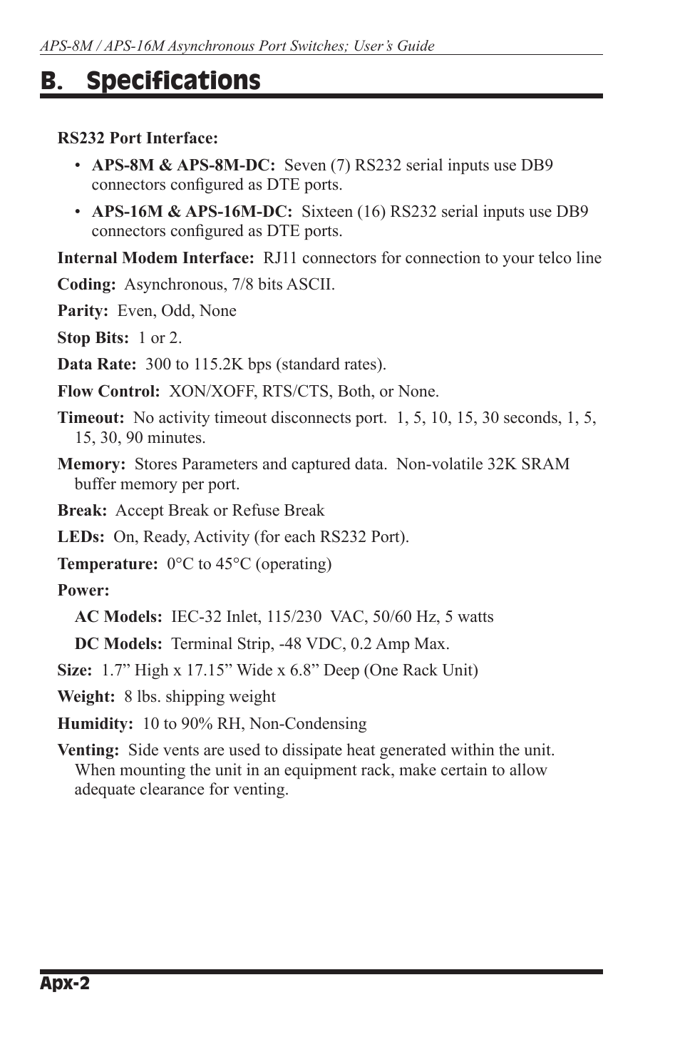 B. specifications | Western Telematic WTI NetReach APS-16M User Manual | Page 72 / 82