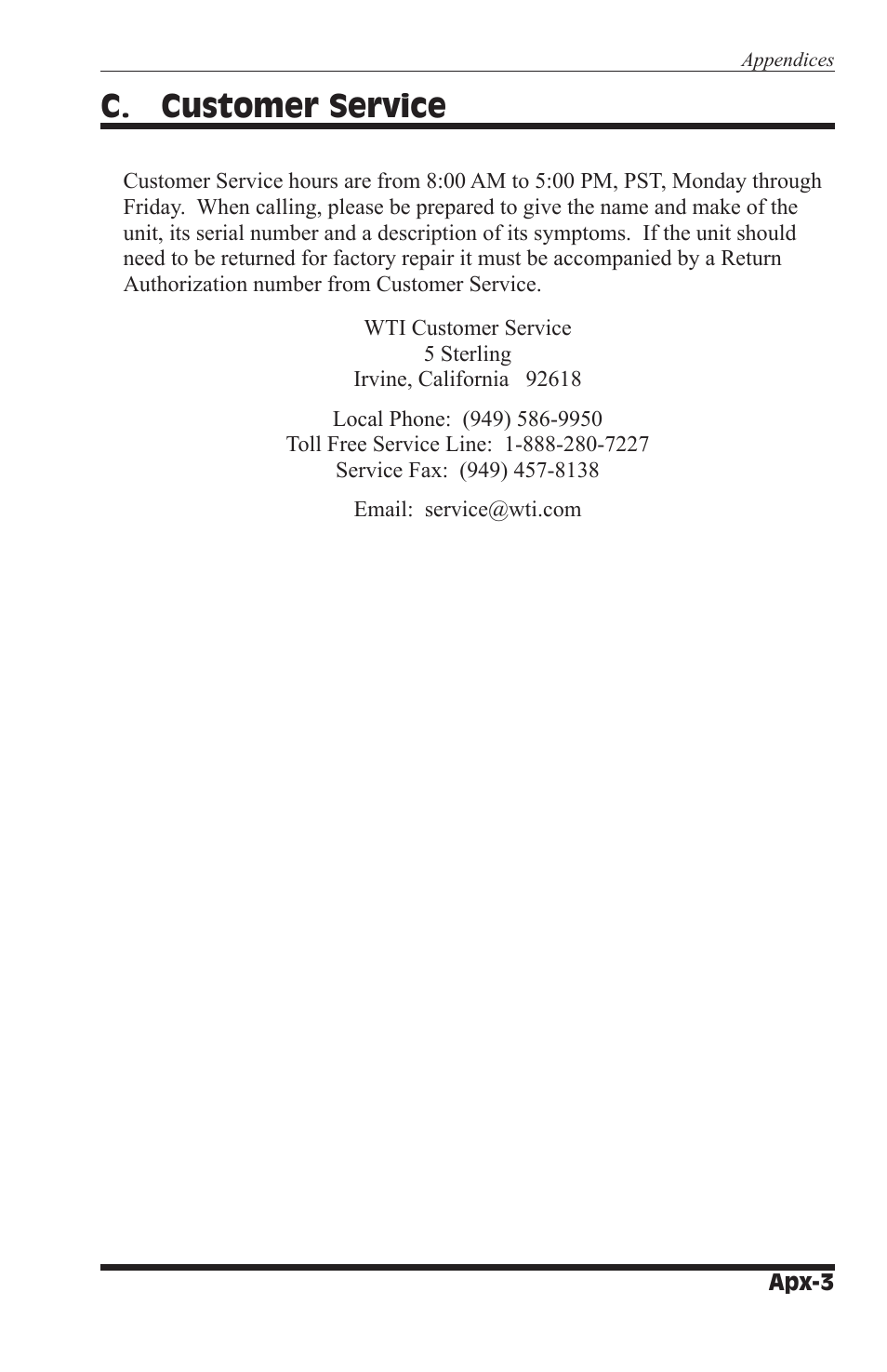 C. customer service | Western Telematic WTI NetReach APS-16M User Manual | Page 73 / 82