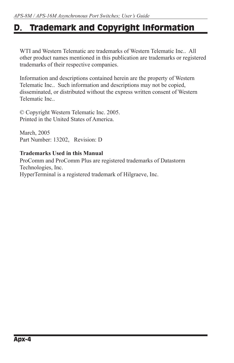 D. trademark and copyright information | Western Telematic WTI NetReach APS-16M User Manual | Page 74 / 82