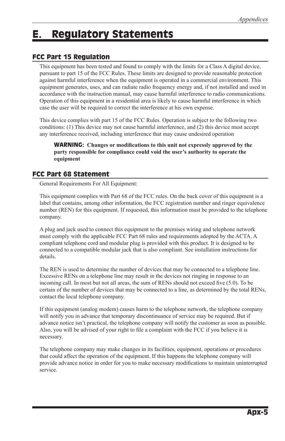 E. regulatory statements, Apx-5 | Western Telematic WTI NetReach APS-16M User Manual | Page 75 / 82