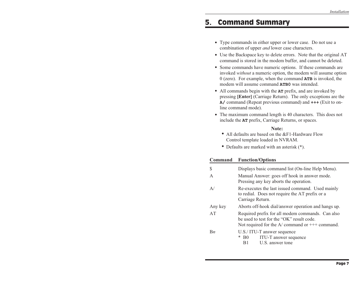 Command summary | Western Telematic Data/FaxModem User Manual | Page 9 / 26