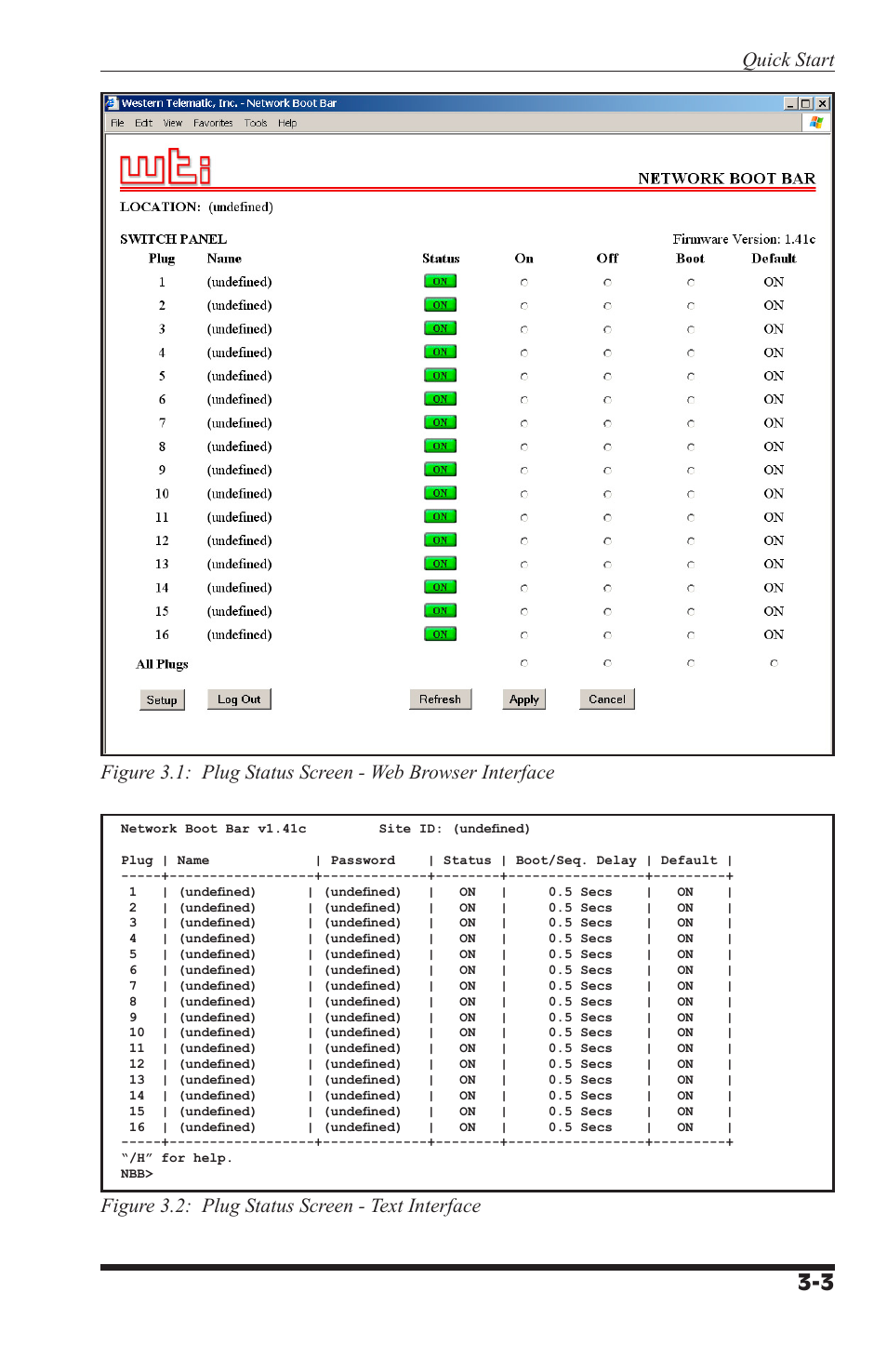 Figure 3.2: plug status screen - text interface | Western Telematic NBB-1600-D20 User Manual | Page 15 / 64