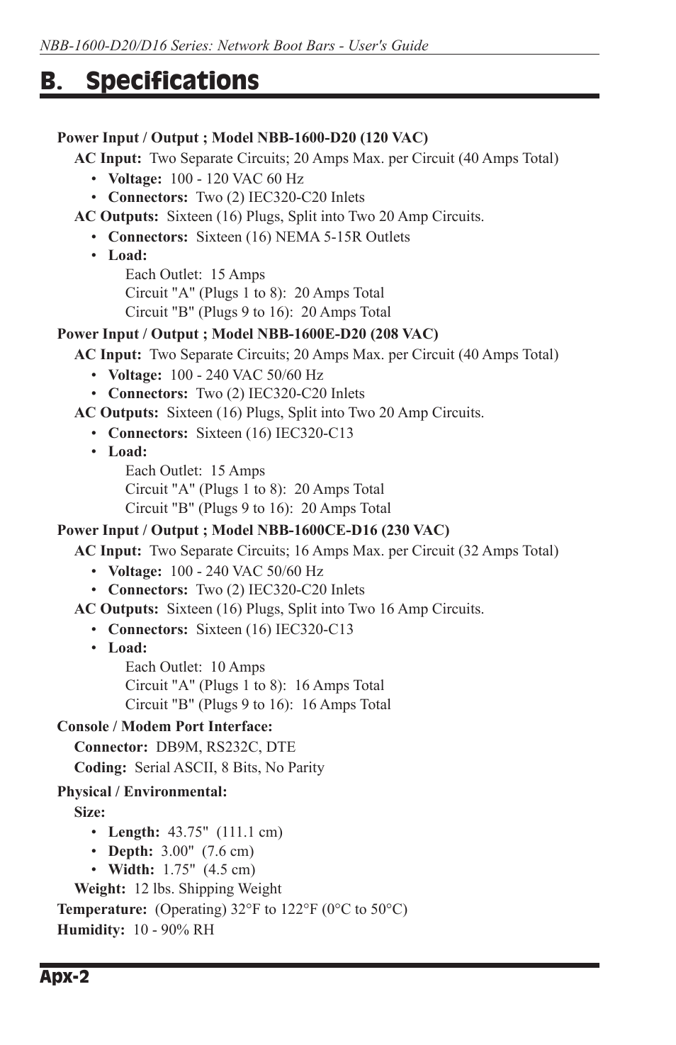 B. specifications | Western Telematic NBB-1600-D20 User Manual | Page 58 / 64