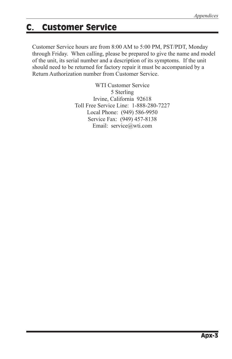 C. customer service | Western Telematic NBB-1600-D20 User Manual | Page 59 / 64