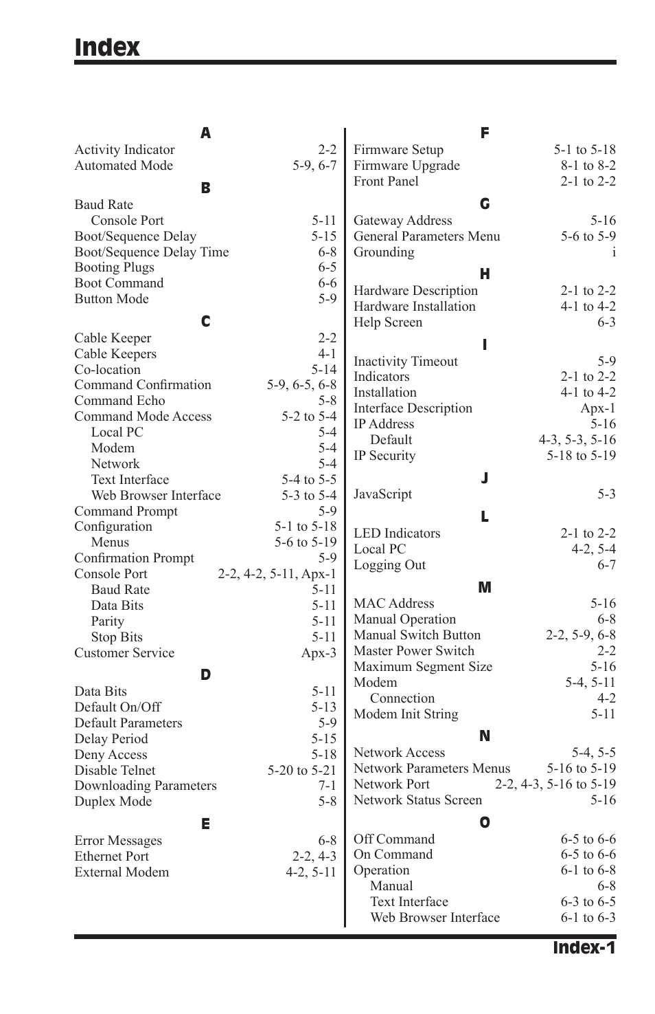 Index, Index-1 | Western Telematic NBB-1600-D20 User Manual | Page 61 / 64