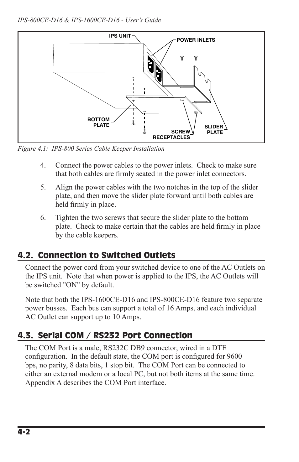 Connection to switched outlets, Serial com / rs232 port connection | Western Telematic IPS-800CE-D16 User Manual | Page 16 / 58