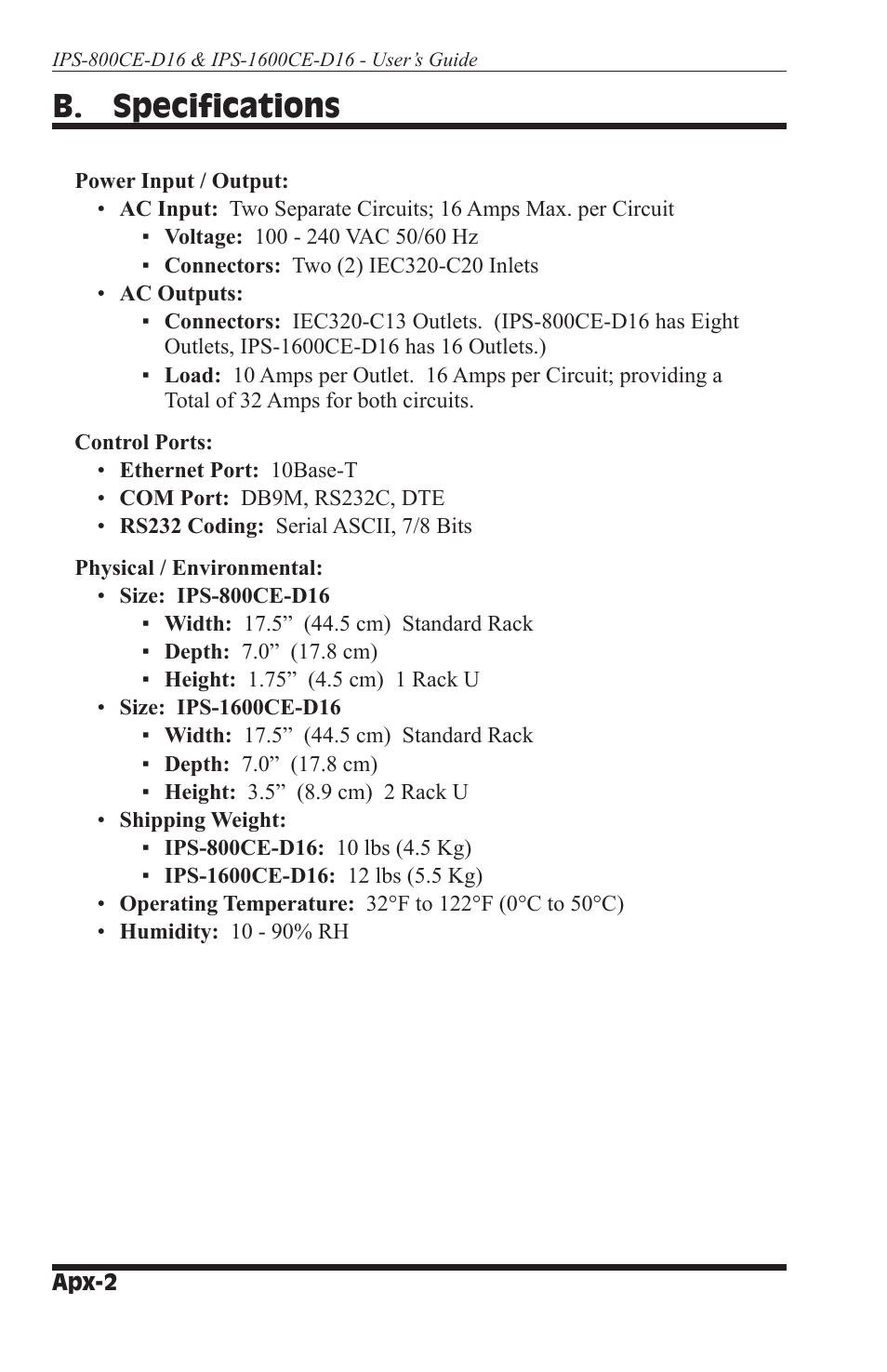 B. specifications | Western Telematic IPS-800CE-D16 User Manual | Page 52 / 58